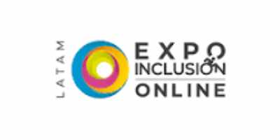 Logo rectangular a la izquierda un circulo multicolor acompañado de las palabras EXPO, INCLUSIÓN Y ONLINE, todas en mayúsculas. Inclusión lleva un ícono de una persona en silla de ruedas en la letra o. En forma horizontal a la izquierda del círculo se lee LATAM.