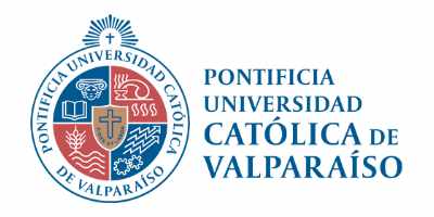 Logo rectangular con el escudo a la izquierda y PONTIFICIA UNIVERSIDAD CATÓLICA DE VALPARAÍSO a la derecha en color azul.